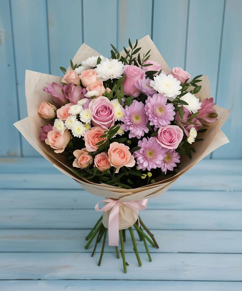 Букет цветов из: Хризантемы, Розы и Альстромерии в Великий двор