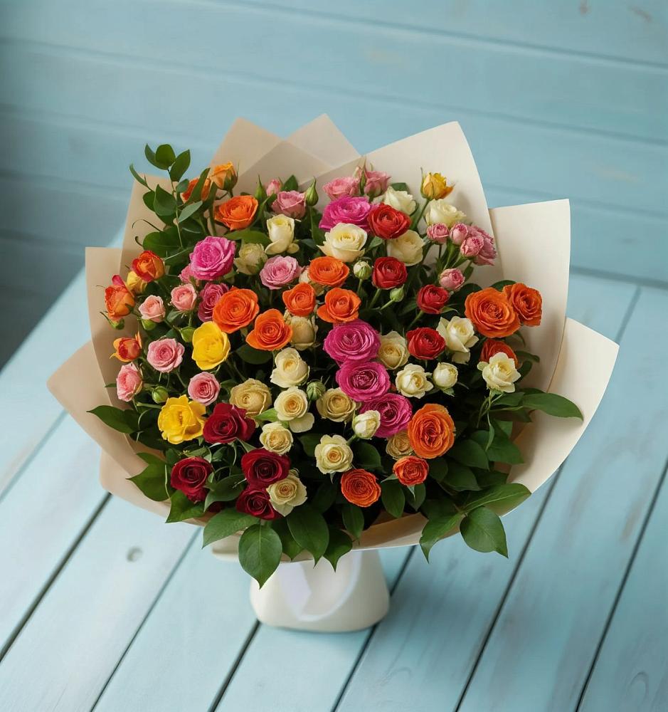Букет Микс из разноцветных кустовых роз в Великий двор