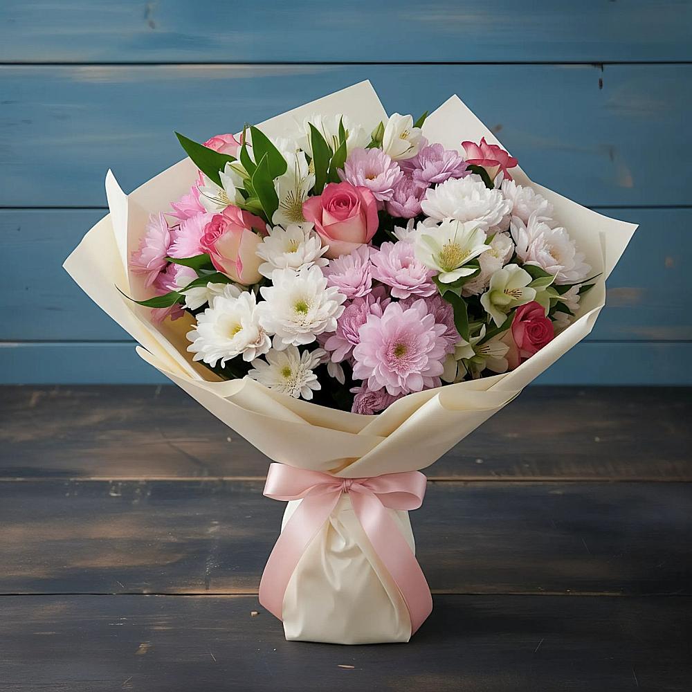 Букет цветов из: Хризантемы, Альстромерии и Розы в Великий двор